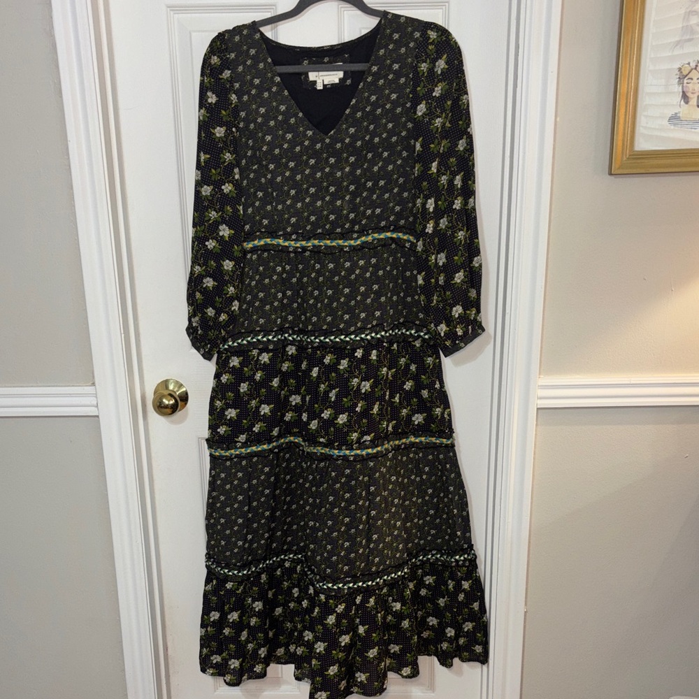 Anthropologie Karoline Tiered Black Floral Maxi Dress